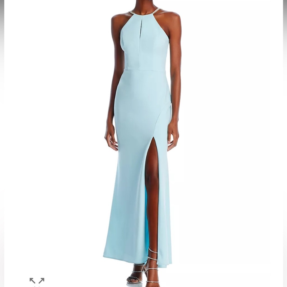Aqua formal Pale Blue Halter Maxi Gown with Front Slit